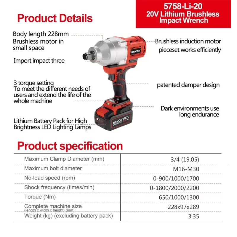 데본 20V 대형 토크 3단 토크 설정 임팩트 렌치 2 - Power Tools Battery 리뷰 및 가격